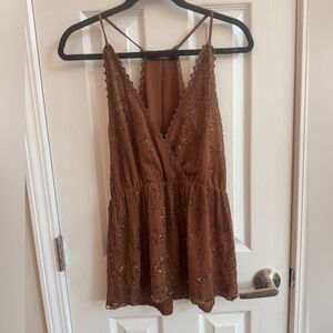 BKE BOUTIQUE Brown Beaded Y2K Style Mesh Top w/ Crochet Trim Size Small